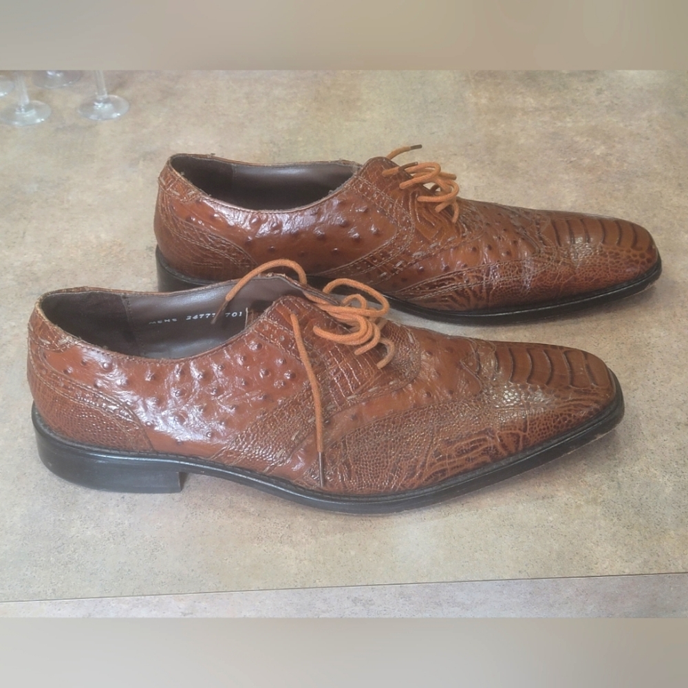 Stacy Adams "Armento" All-Over Mustard Ostrich Print Shoes, US M 11-1/2